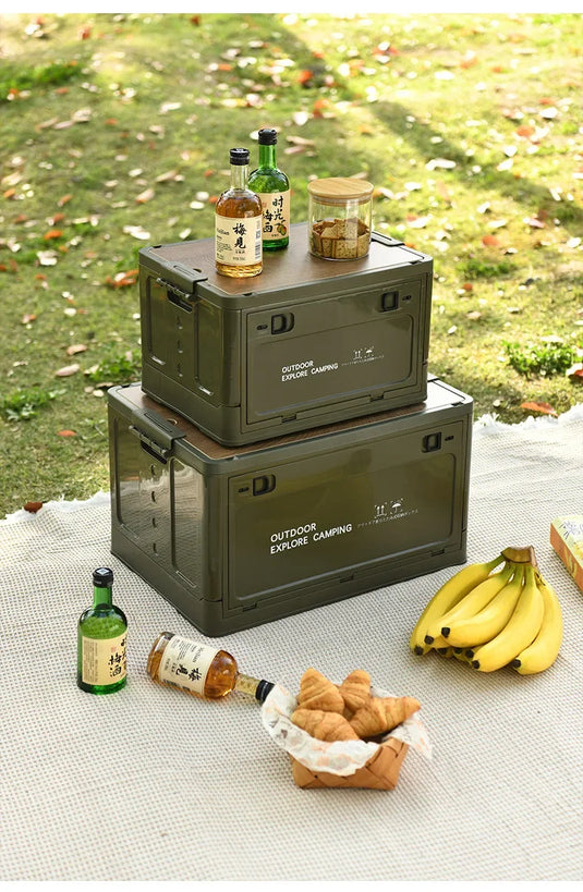 Folding outdoor picnic camping box, wooden-lid storage box, household storage luggage and organization box, car-mounted carrying