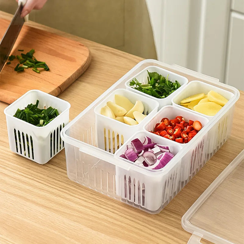 Load image into Gallery viewer, 4/6 Grid Food Storage Box with Lids Kitchen Food Meat Onion Ginger Garlic Vegetable Fruit Fresh-keeping Storage Drain Basket Box
