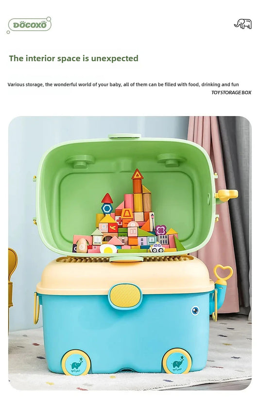 Children's Large Toy Storage Box with Cartoon Design Dustproof PP Bin with Wheels for Clothes & Building Blocks Organization
