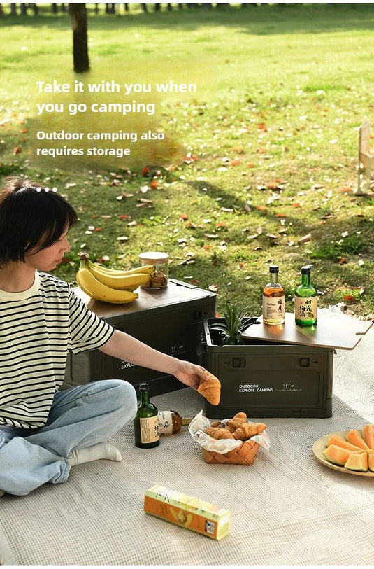 Folding outdoor picnic camping box, wooden-lid storage box, household storage luggage and organization box, car-mounted carrying