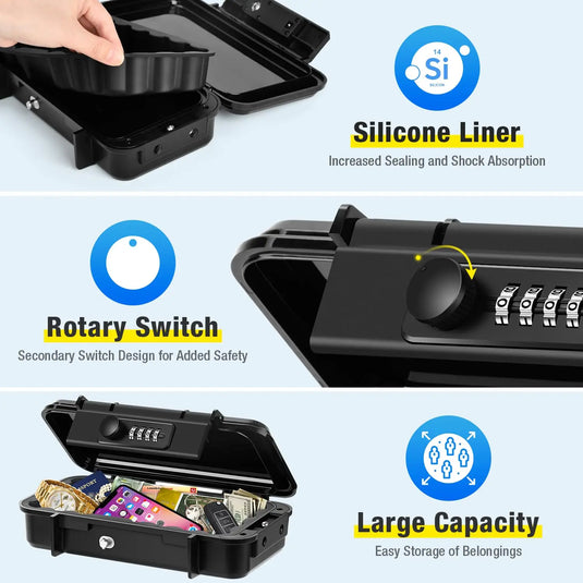 Portable Safe Box Waterproof Anti-Theft Beach Travel Safe Box Combination Security Lockbox with Removable Wire Rope Portable