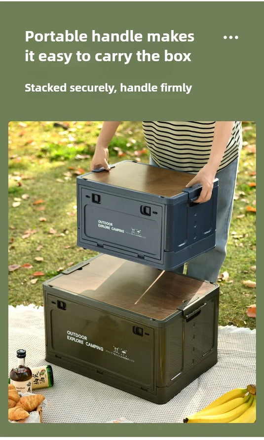 Folding outdoor picnic camping box, wooden-lid storage box, household storage luggage and organization box, car-mounted carrying