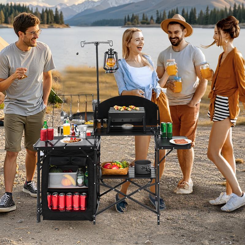 Load image into Gallery viewer, Camping Kitchen Table Portable Outdoor Cook Station Storage Windshield Aluminum
