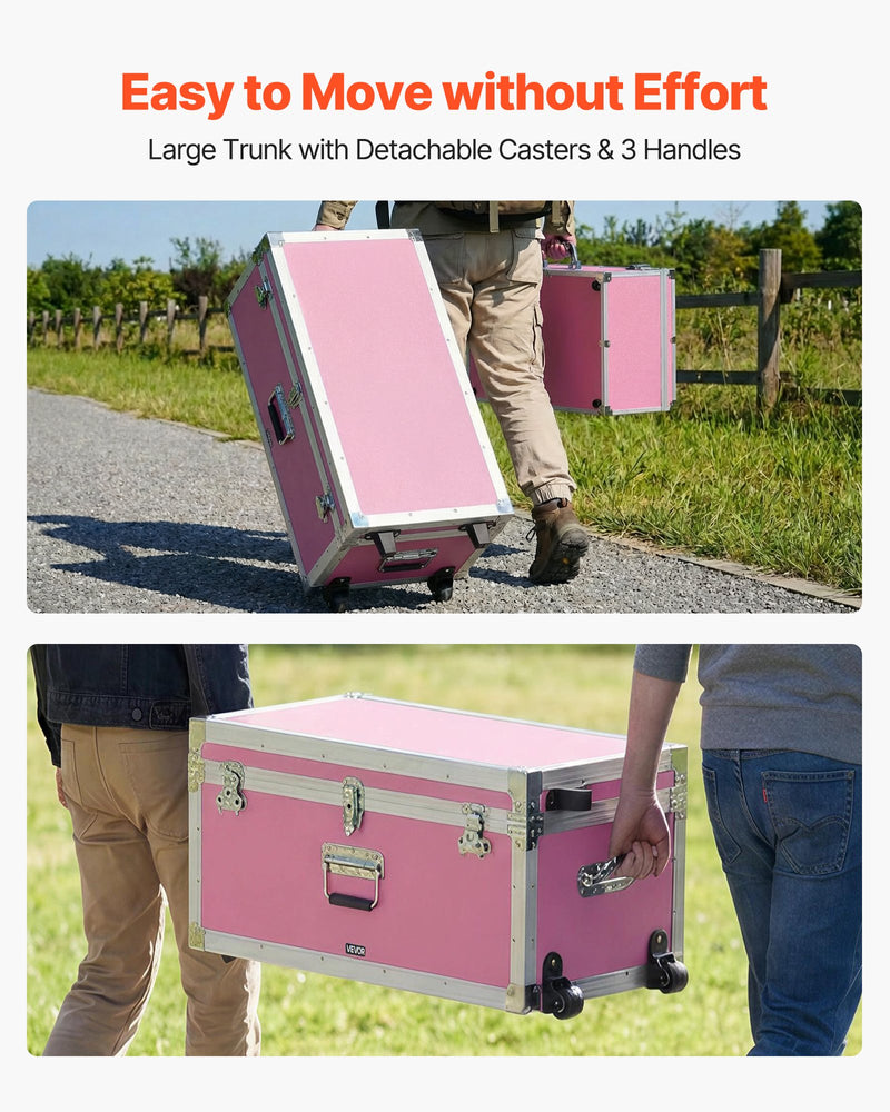 Load image into Gallery viewer, Metal Storage Trunk, Set Of 2, Wooden Suitcase Storage Boxes With Padlocks, Large Trunk Includes Casters &amp; 3 Metal Handles, Decorative Store Chest With Lids For Travel, Apartment, Dorm, Pink
