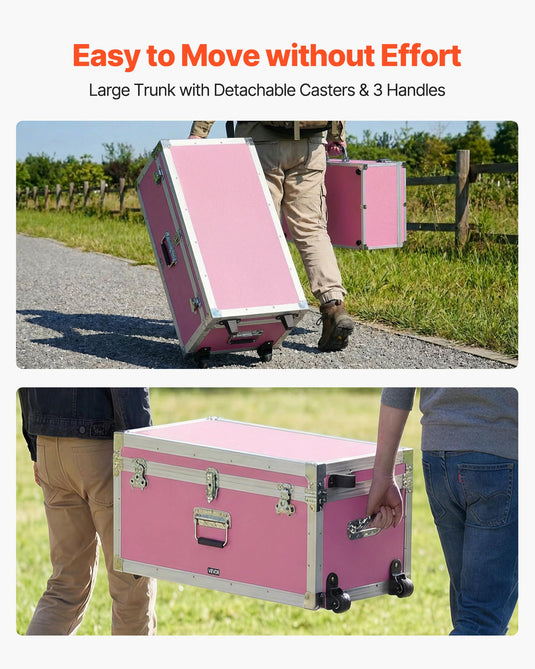 Metal Storage Trunk, Set Of 2, Wooden Suitcase Storage Boxes With Padlocks, Large Trunk Includes Casters & 3 Metal Handles, Decorative Store Chest With Lids For Travel, Apartment, Dorm, Pink