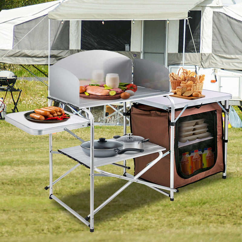 Load image into Gallery viewer, Camping Kitchen Table Picnic Cabinet Folding Cooking Storage Rack Portable Brown
