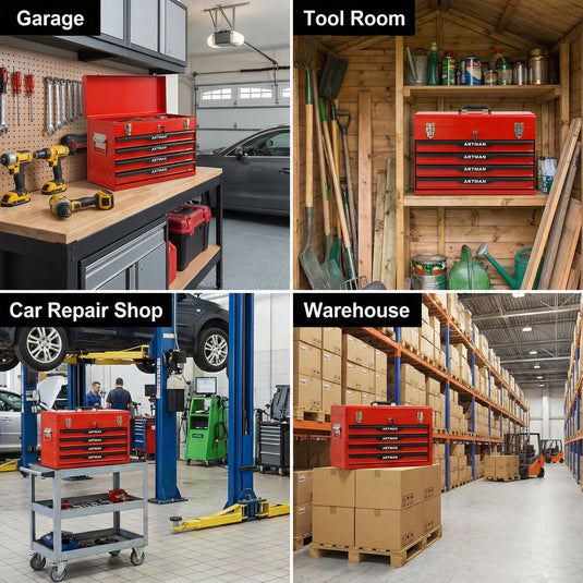 20-inch Steel Portable Tool Box With Drawers - Tool Storage Box Organizer With Metal Lock Closure Device - Powder-coated Tool Storage Cabinet RED