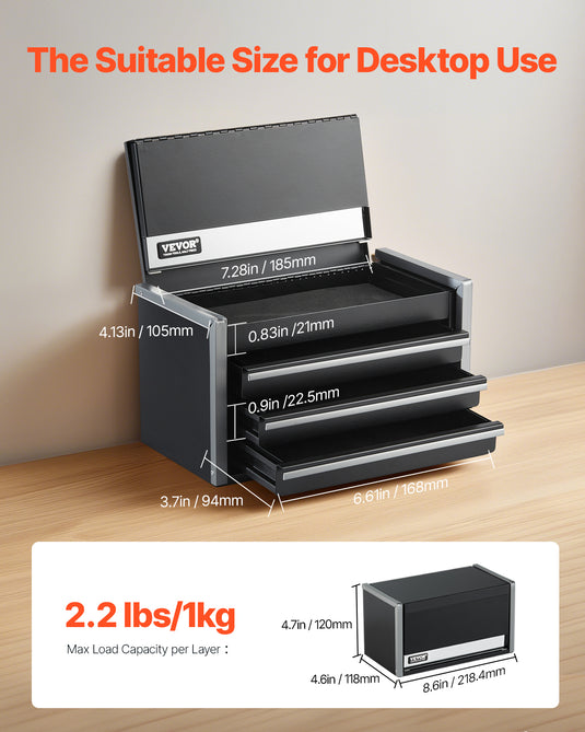 Tool Box 8.6-inch Portable Metal Tool Box With 3 Drawers Tool Organizer Black
